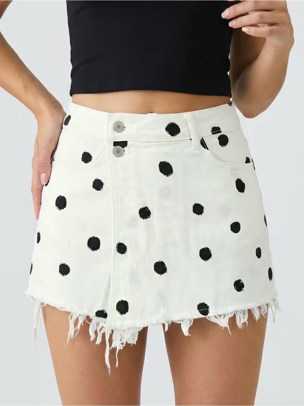 White Polka Dot Denim Bermuda Shorts